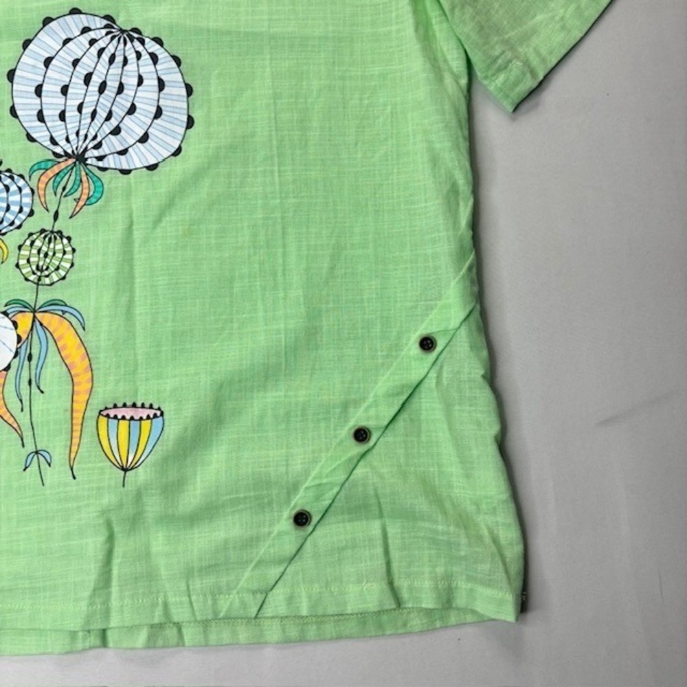 Women's 100% Cotton Lime Green Textured Blouse Floral Art Print Short Sleeve Top - Picture 3 of 12